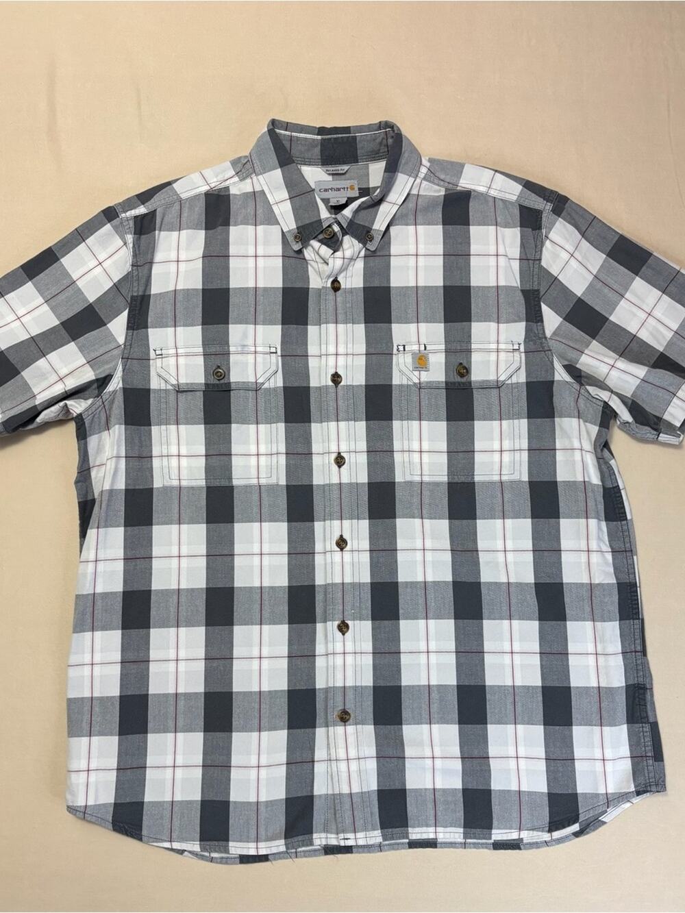 Carhartt Men's Short Sleeve Gray & White Cotton Plaid Button-Down Shirt Size XL
